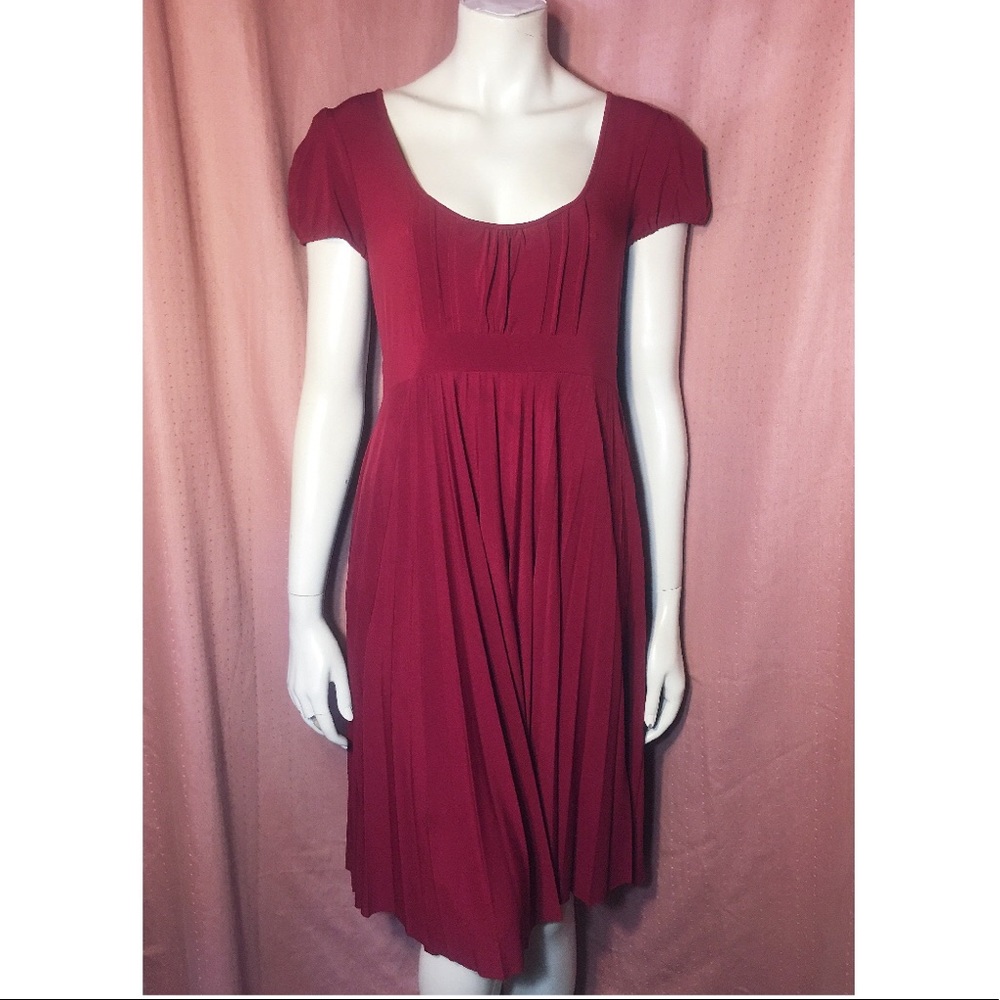 Red Jersey Pleated Babydoll Empire Midi Dress
